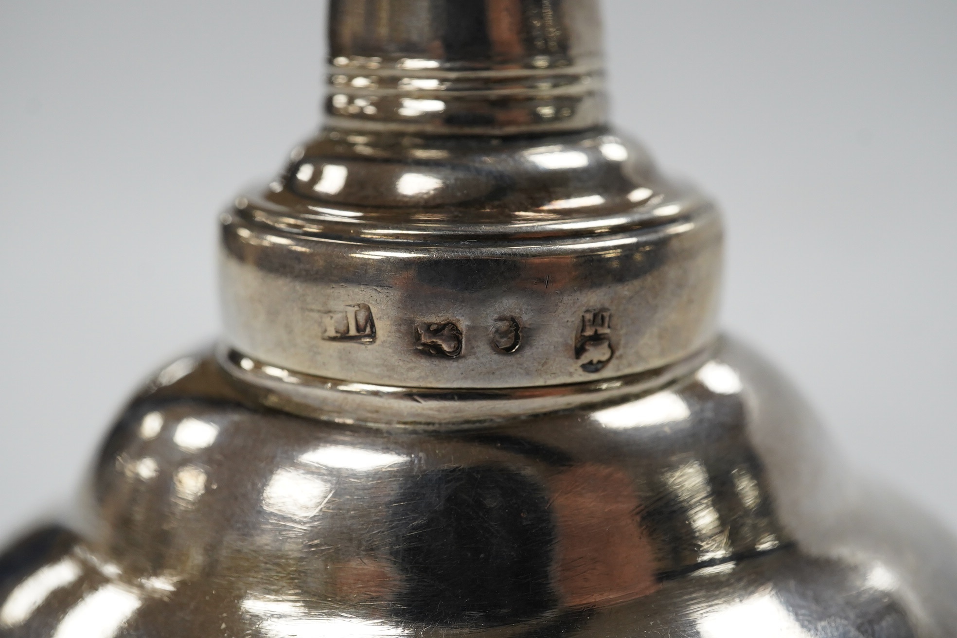 A George III silver oval wine funnel, by John Lias?,with engraved monogram, Sheffield, 1802, 12.2cm, 2.5oz. Condition - poor